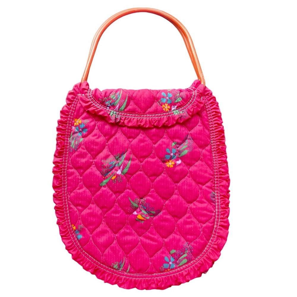 Vintage 1970s Quilted Pink HandBag with Top Plastic Handle retro quilt shoulder